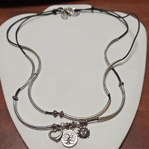 Silvertone and Black Heart Charm Necklace
